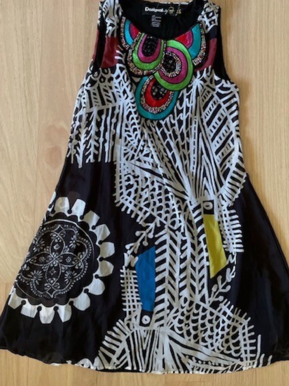 Desigual Black & White Graphic Dress with Colorful Beaded Appliqué